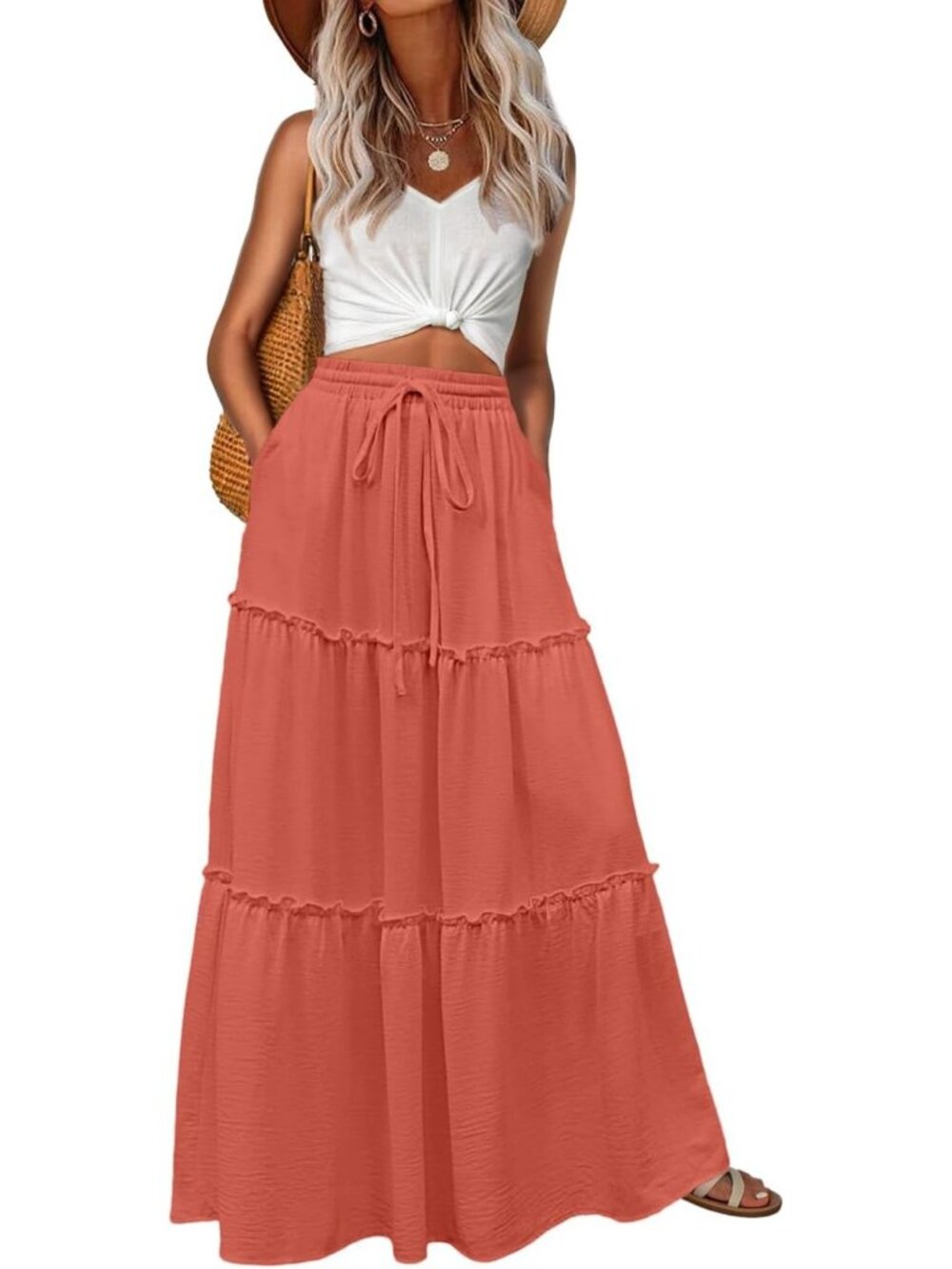 Women's Boho High Waisted Living Coral Maxi Skirts Tiered Floral Long Skirts